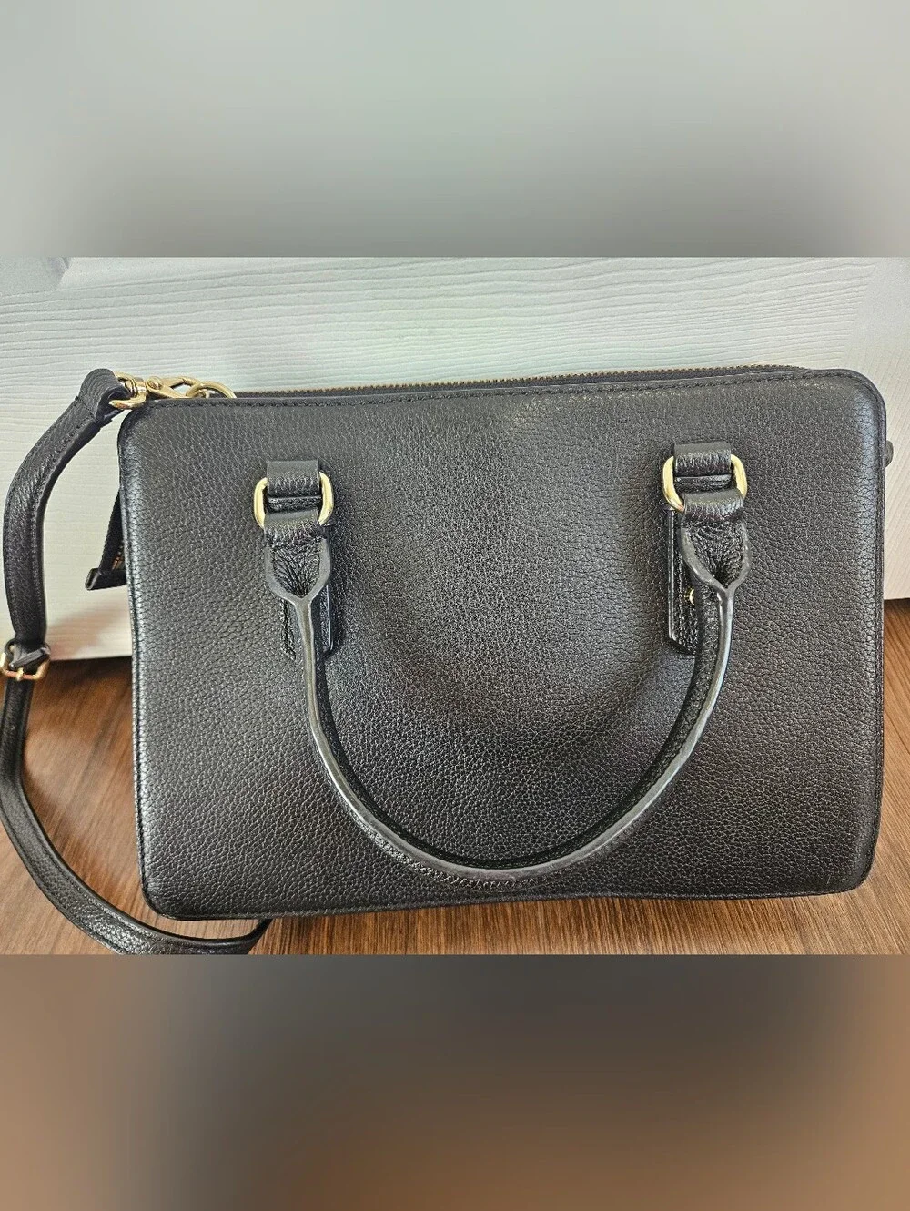 kate spade black pebbled leather satchel with gold accents